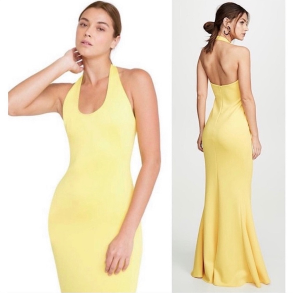 🧨 Black Halo Eve Yellow Halter Maxi Dress Gown 2